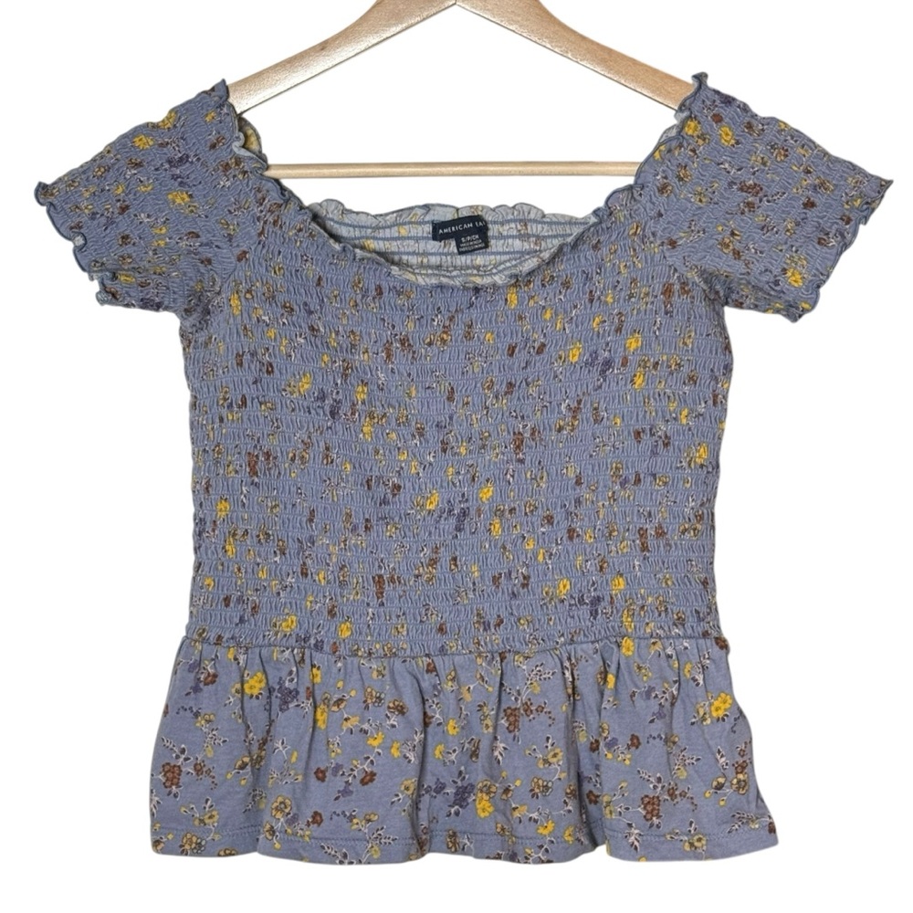 American Eagle Y2K Milkmaid Smocked Babydoll Top Size S Square Neck Ruffle Blue